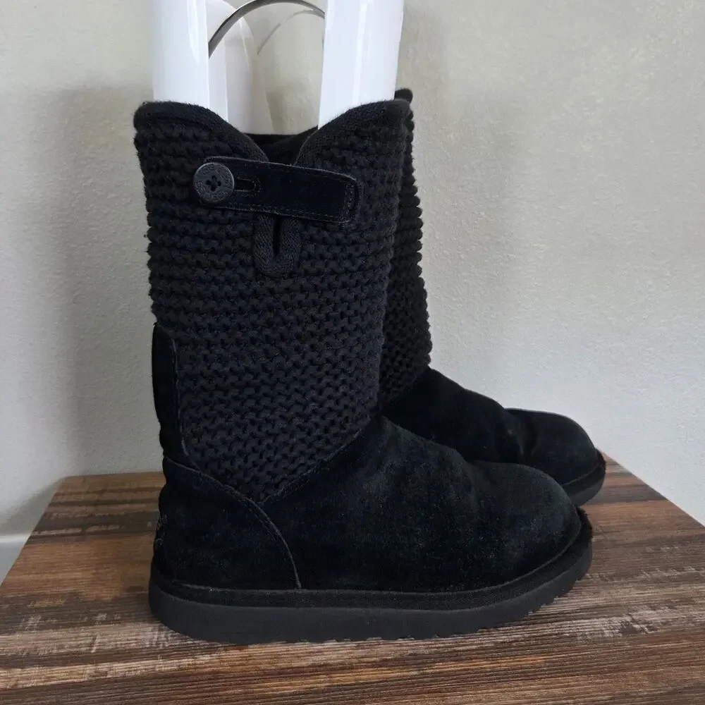 UGG Shaina Black Suede & Knit Ankle Boots Big Kids Size 4